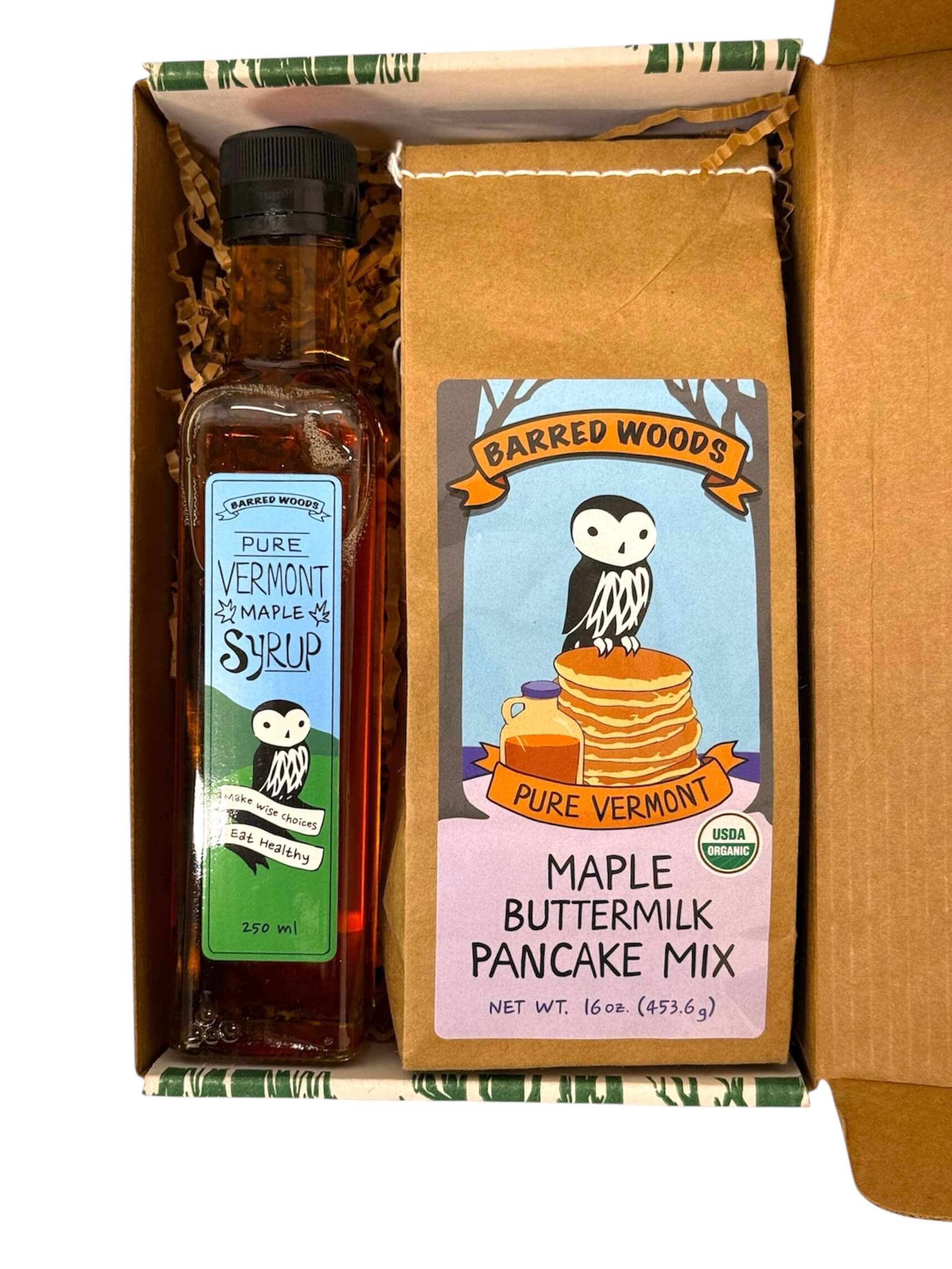 Maple Gift Box with 250ml Bottle of Vermont Maple Syrup and Pancake Mix by Barred Woods Maple