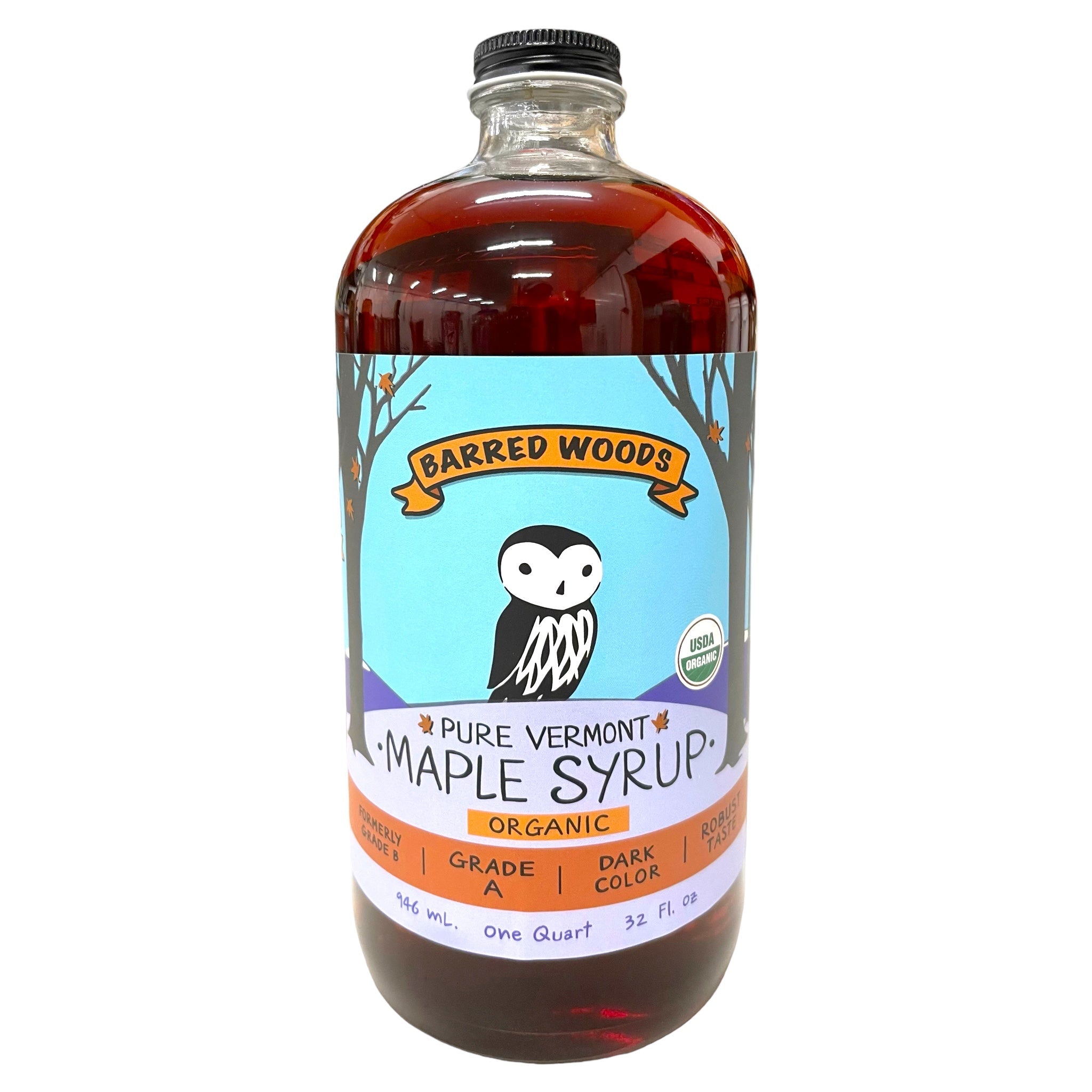 Quart Glass Bottle of Pure Vermont Organic Maple Syrup - 32 oz