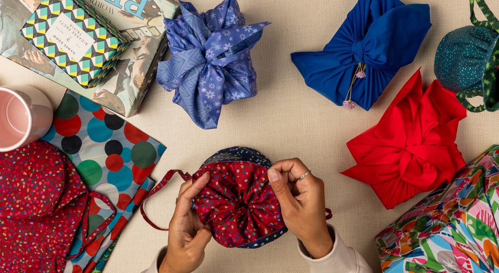 Medium Reusable Fabric Gift Bag | Blue & Red Confetti by Shiki Wrap