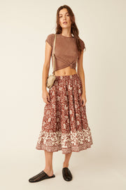 Free People Full Swing Printed Midi Skirt - Chocolate Combo by Harbour Thread