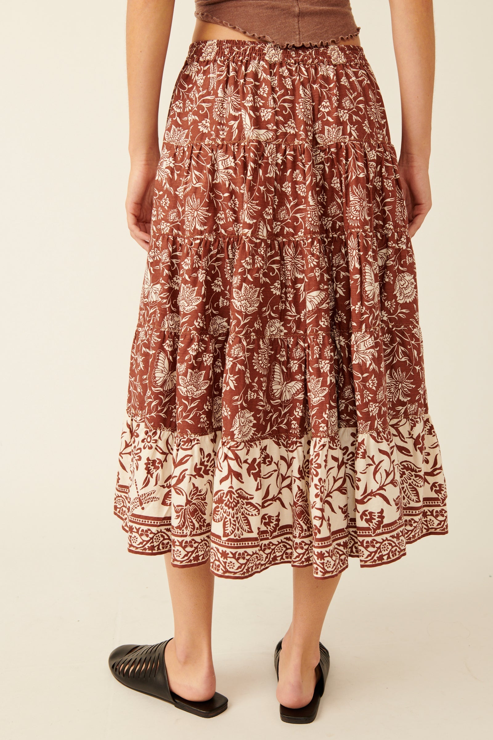 Free People Full Swing Printed Midi Skirt - Chocolate Combo by Harbour Thread