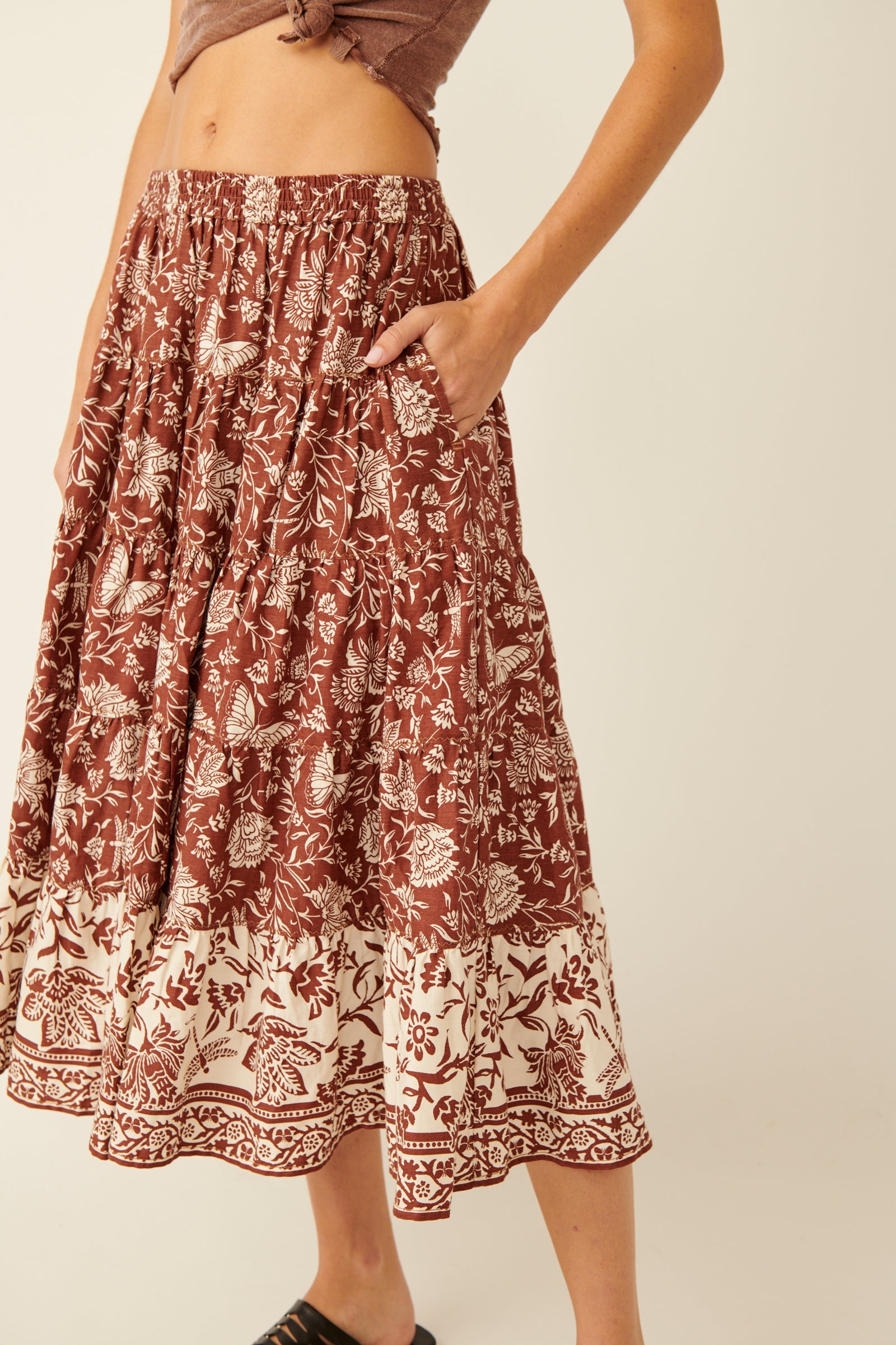 Free People Full Swing Printed Midi Skirt - Chocolate Combo by Harbour Thread