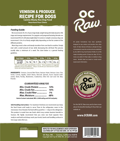 OC Raw Rox Venison Produce Dog Food 3lb