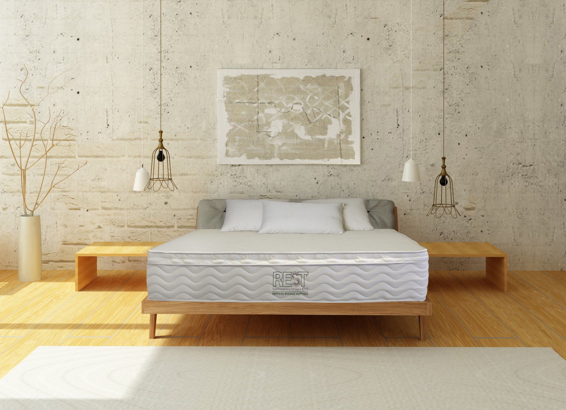 Display room with pale wooden finsihes and OMI Rossa Pocket Coil Organic Mattress