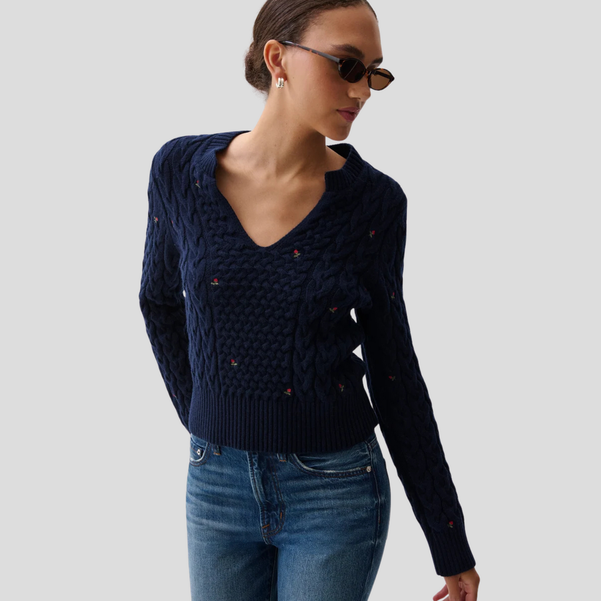 PISTOLA Shana Long Sleeve Cable Embroidered Sweater