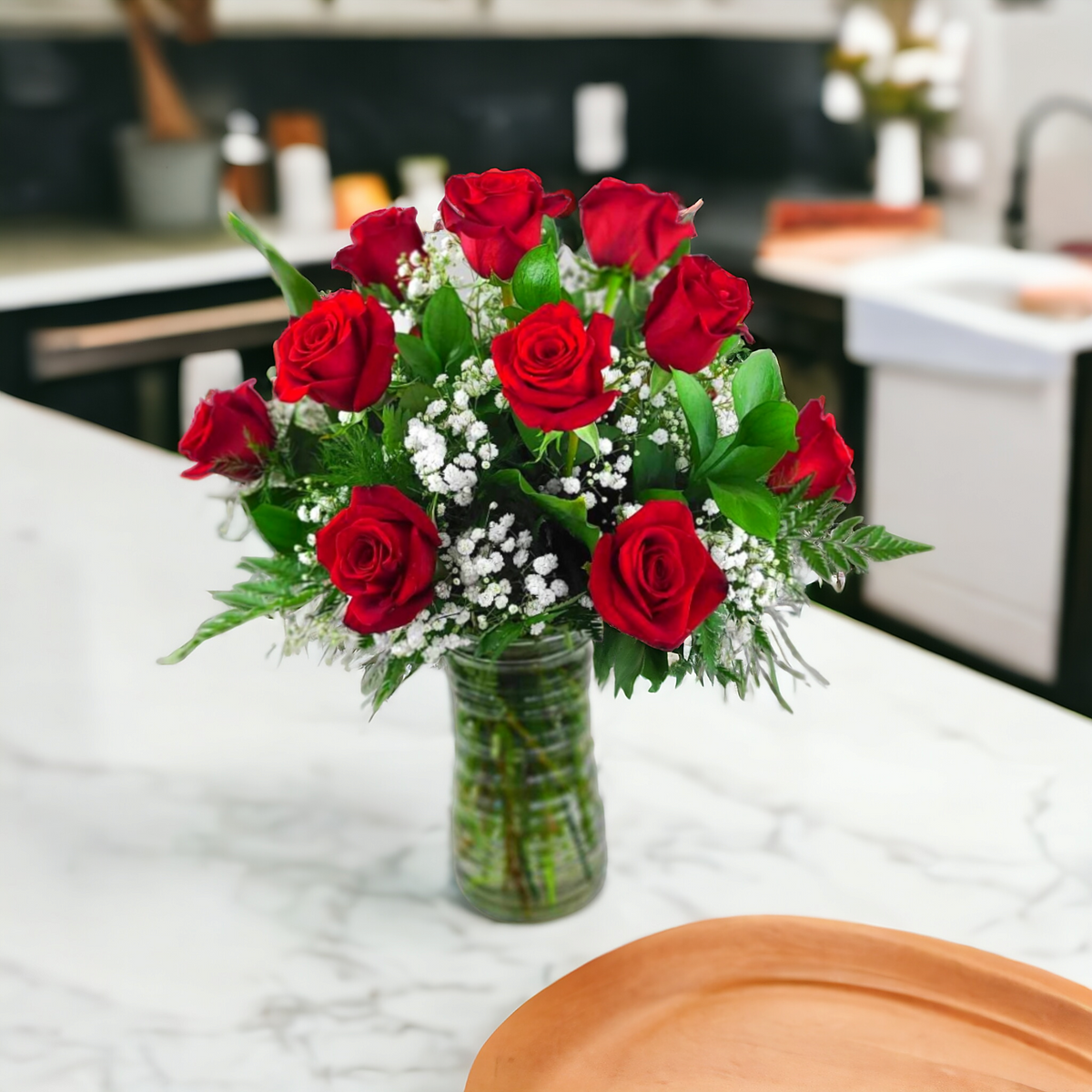 Dozen Long-Stem Red Roses in Vase