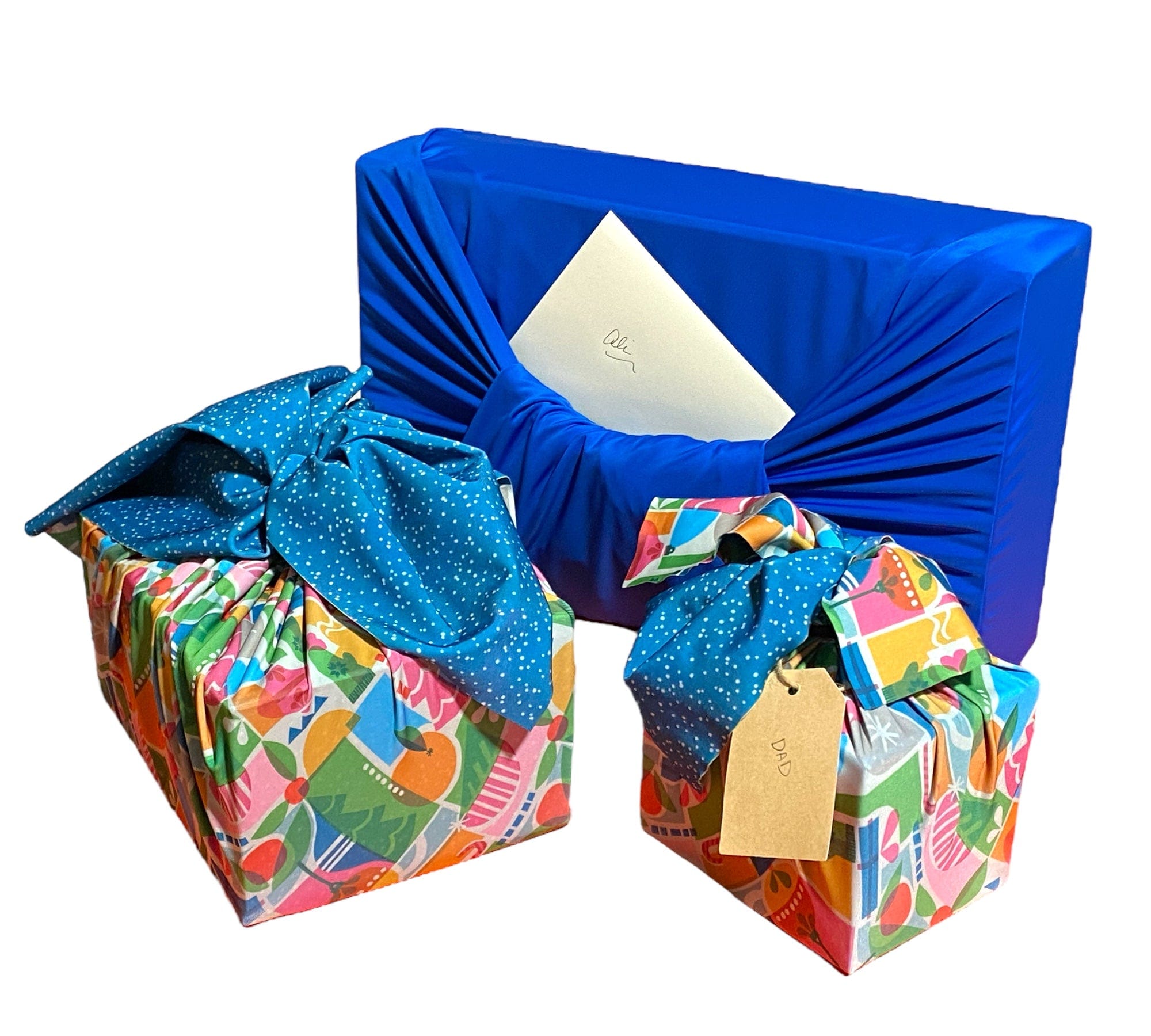 Set of 3 (S, L, XL) Reusable Cloth Furoshiki Gift Wrap | Holiday Shapes & Deep Blue by Shiki Wrap