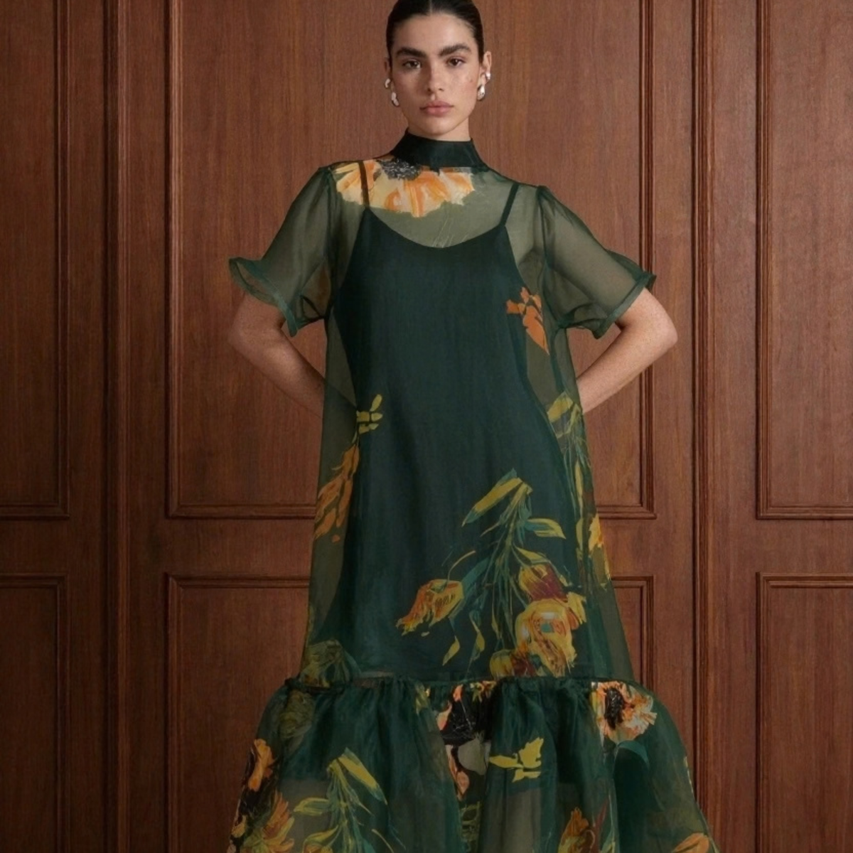 Beulah Style Botanical Print Sheer Overlay Tie-Neck Dress