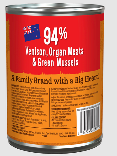 Rawz 94% Venison with Green Mussels Pâté Dog Can 13oz.