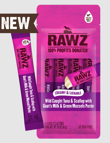 Rawz Lickable Cat Treat Tuna & Scallop, Goat's Milk, Green Mussels .4oz 4pk