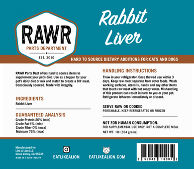 Rawr Frozen Rabbit Liver 1lb