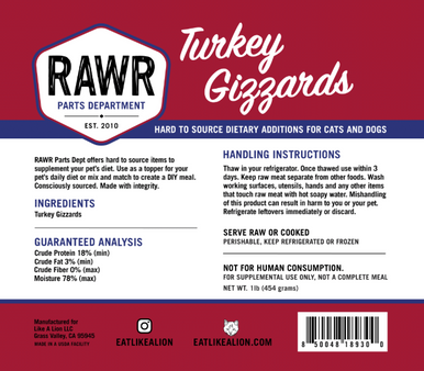 Rawr Frozen Turkey Gizzard 1lb