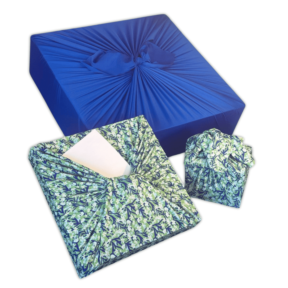 Set of 3 (S, L, XL) Reusable Cloth Furoshiki Gift Wrap | Spring Floral & Deep Blue by Shiki Wrap