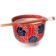 Noodle Bowl - Red Base & Blue Flowers w/Chopsticks by Homeportonline