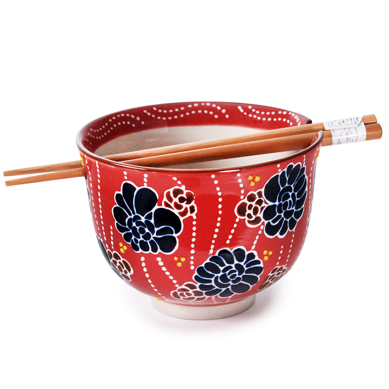 Noodle Bowl - Red Base & Blue Flowers w/Chopsticks by Homeportonline