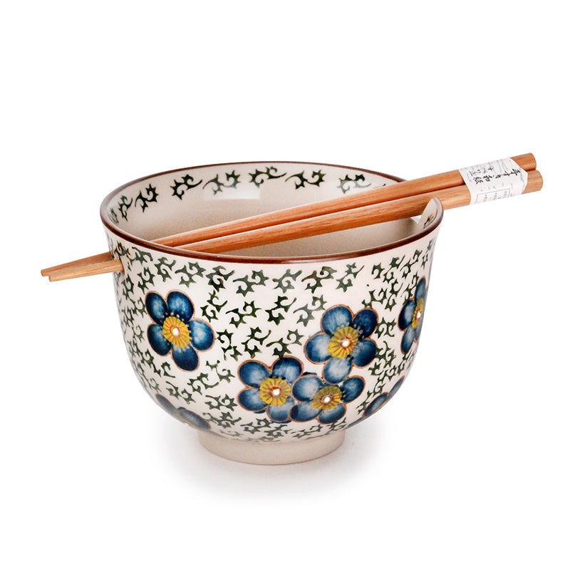 Noodle Bowl - White Base & Blue Flowers w/Chopsticks, 18oz by Homeportonline