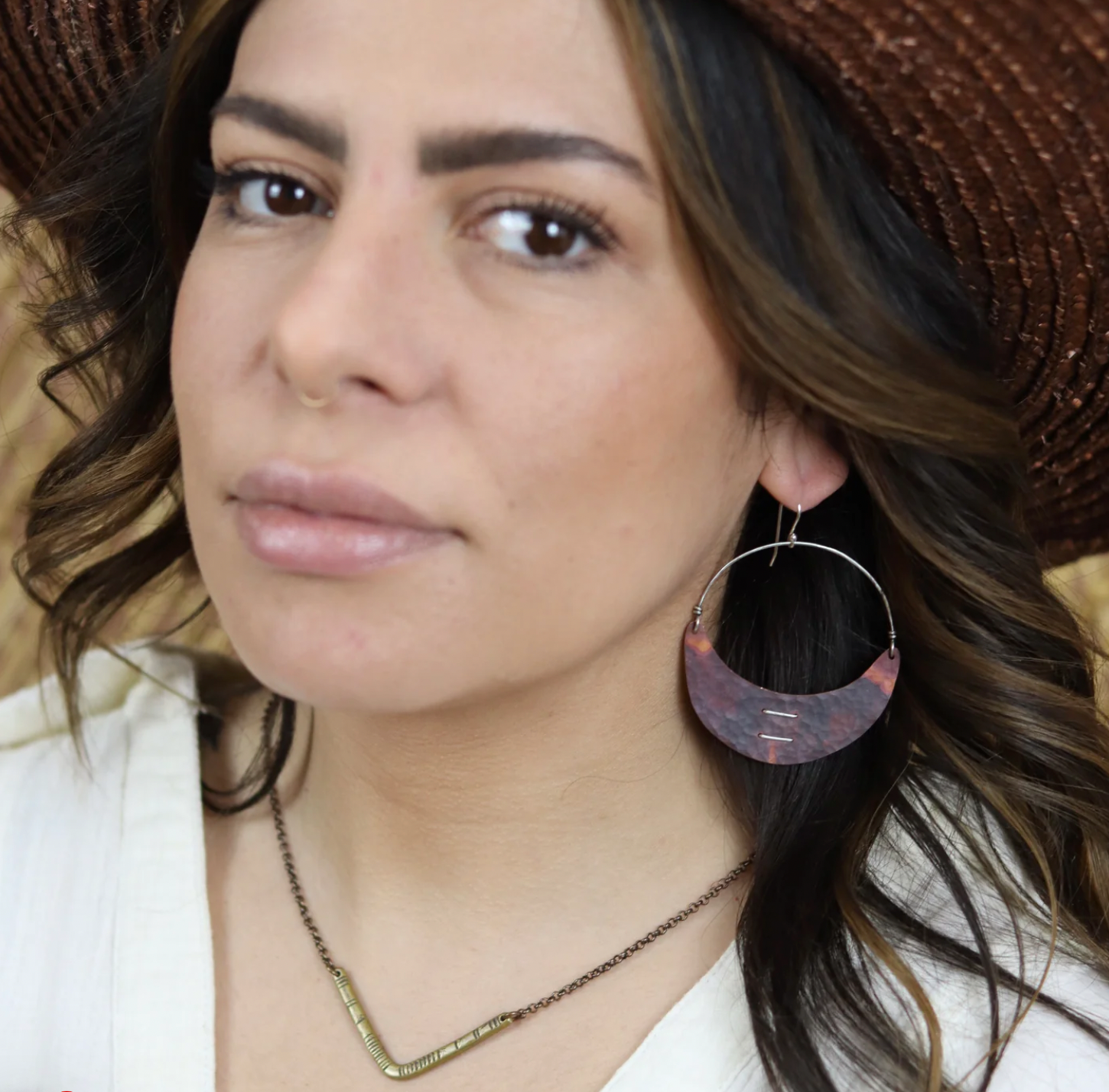 Stitched Copper Crescent Earrings by jenkahnjewelry