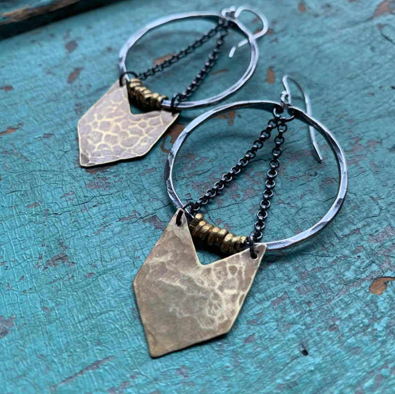 Silver Warrior Earrings with Brass Chevron by jenkahnjewelry