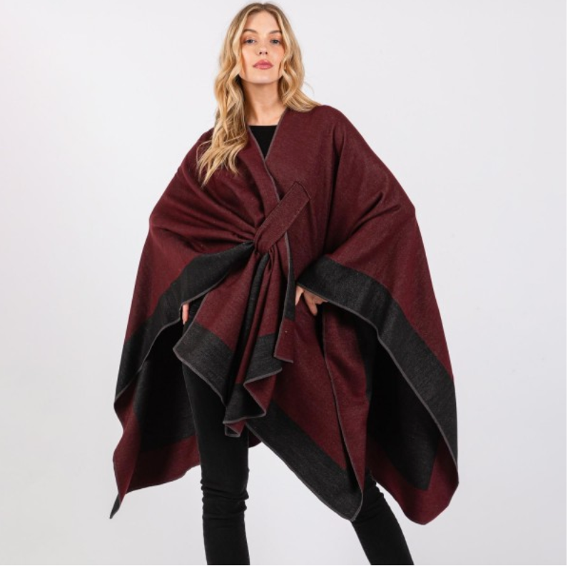 Two Tone Knitted Cape With Pull Through Closure by SidePony Boutique