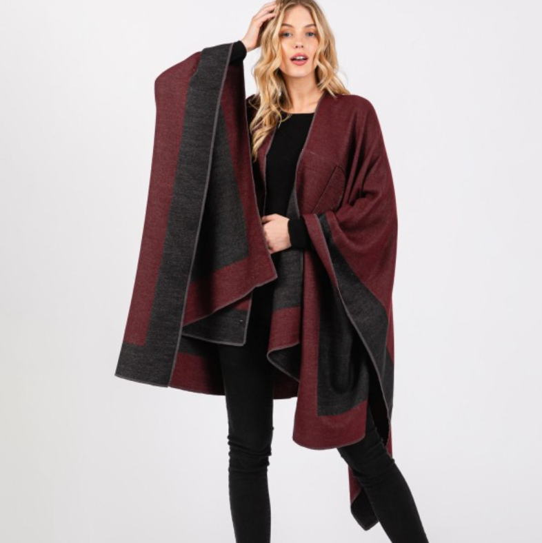 Two Tone Knitted Cape With Pull Through Closure by SidePony Boutique