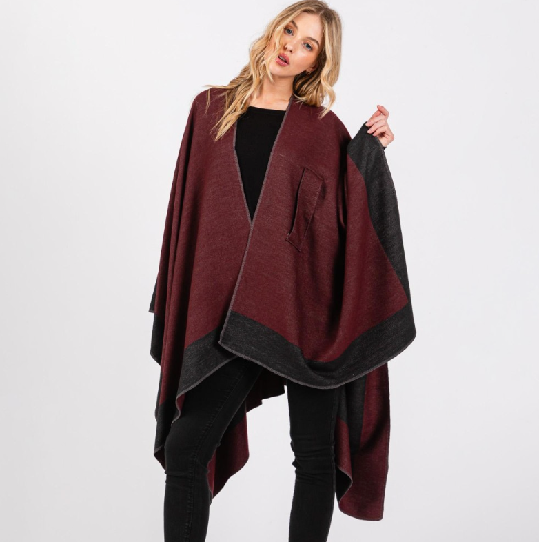 Two Tone Knitted Cape With Pull Through Closure by SidePony Boutique