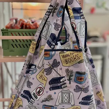 Book Themed Reusable Shopping Bag w/ Fold-Up Pouch