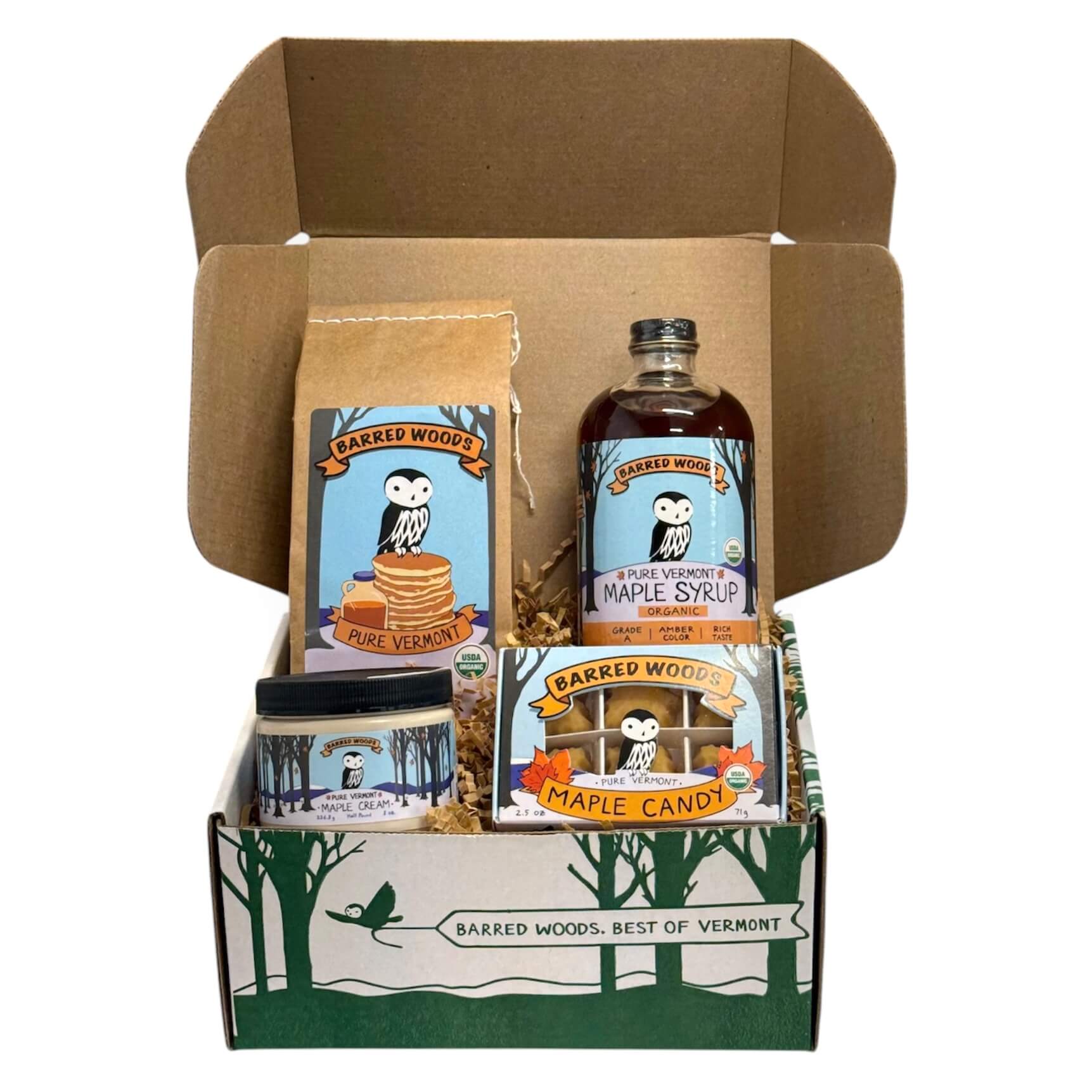 Vermont Gift Box with One 16oz Boston Round Bottle of Vermont Maple Syrup with Options by Barred Woods Maple