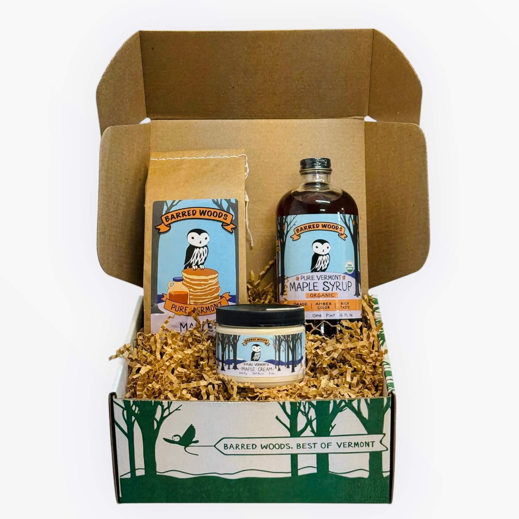 Vermont Gift Box with One 16oz Boston Round Bottle of Vermont Maple Syrup with Options by Barred Woods Maple