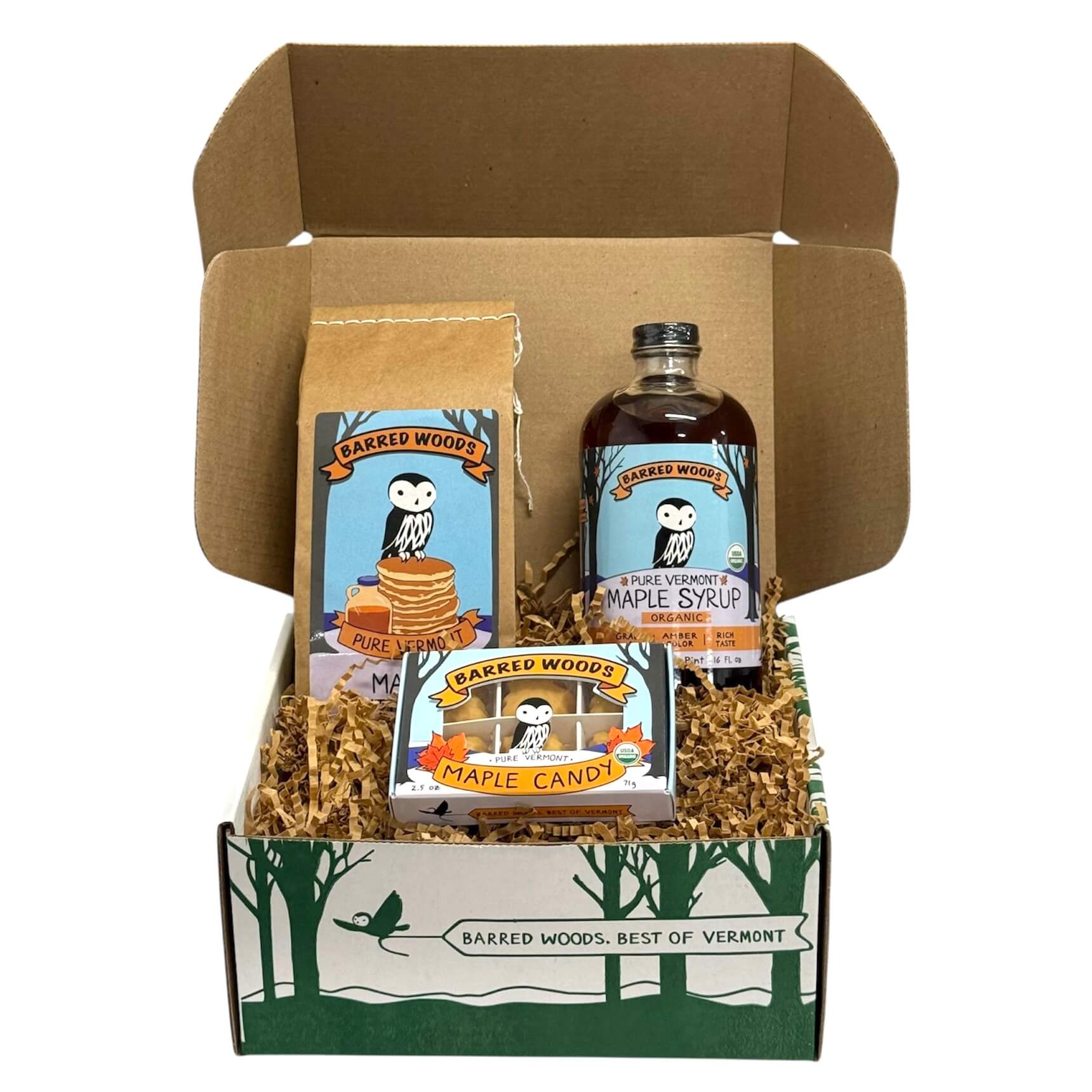 Vermont Gift Box with One 16oz Boston Round Bottle of Vermont Maple Syrup with Options by Barred Woods Maple