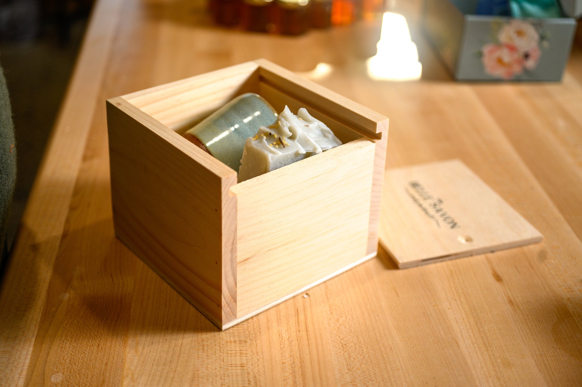 Vermont Handmade Gift Set, Pottery Candle, Artisan Soap and Lip Balm in Wooden Box Bridal Party-Hostess Gift by Belle Savon Vermont