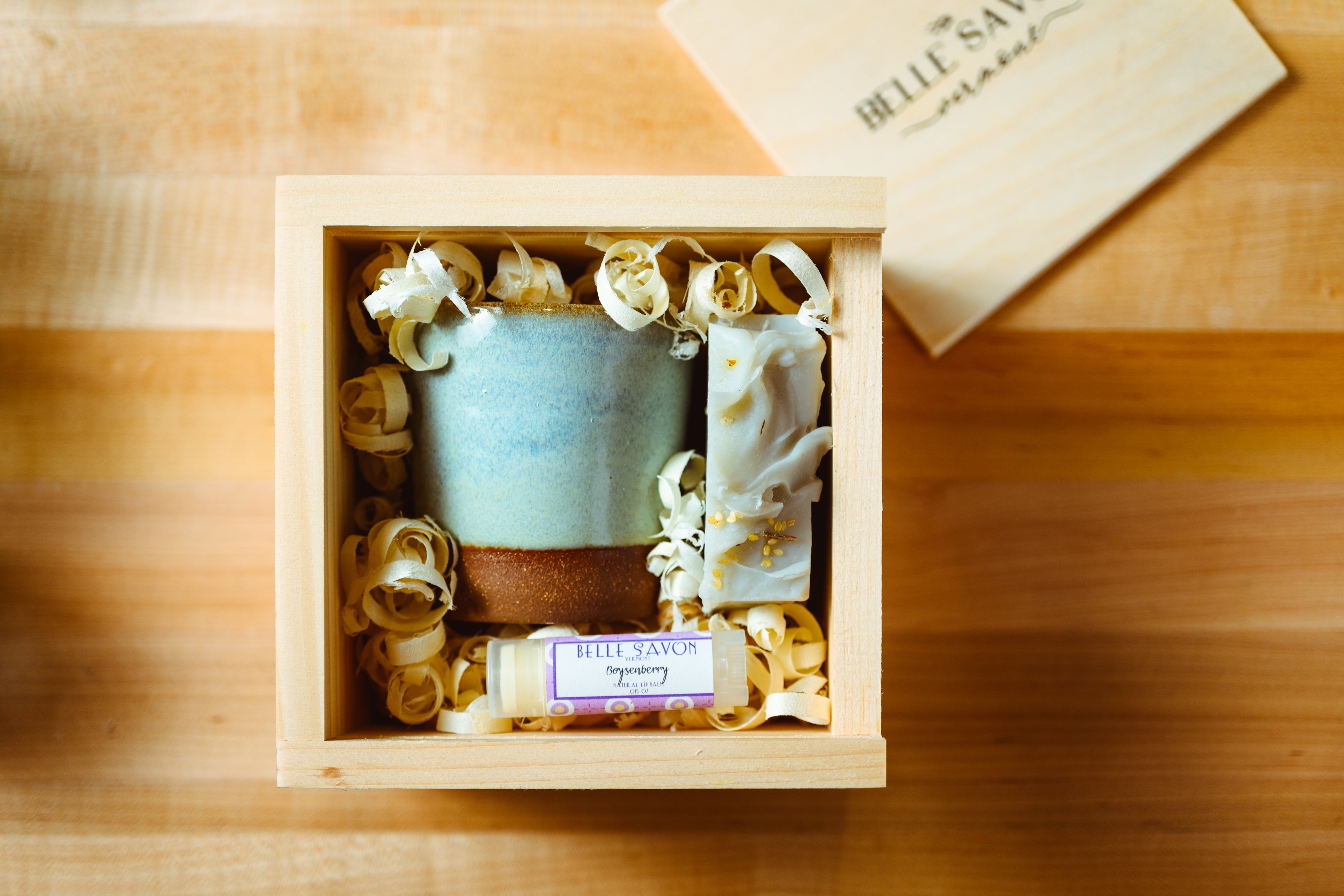 Vermont Handmade Gift Set, Pottery Candle, Artisan Soap and Lip Balm in Wooden Box Bridal Party-Hostess Gift by Belle Savon Vermont