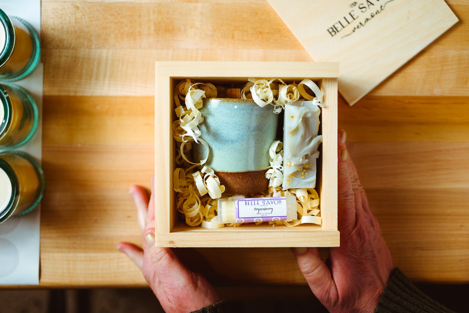 Vermont Handmade Gift Set, Pottery Candle, Artisan Soap and Lip Balm in Wooden Box Bridal Party-Hostess Gift by Belle Savon Vermont
