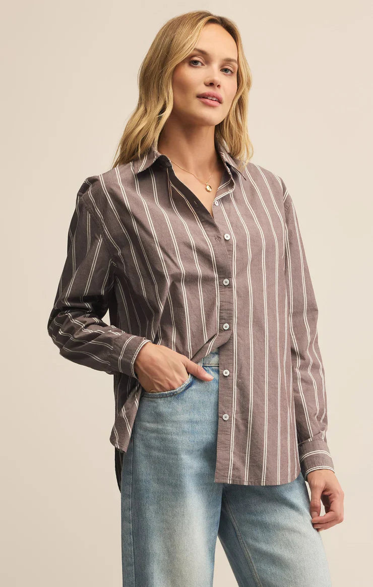 Z Supply Seaport Striped Poplin Shirt Sandalwood