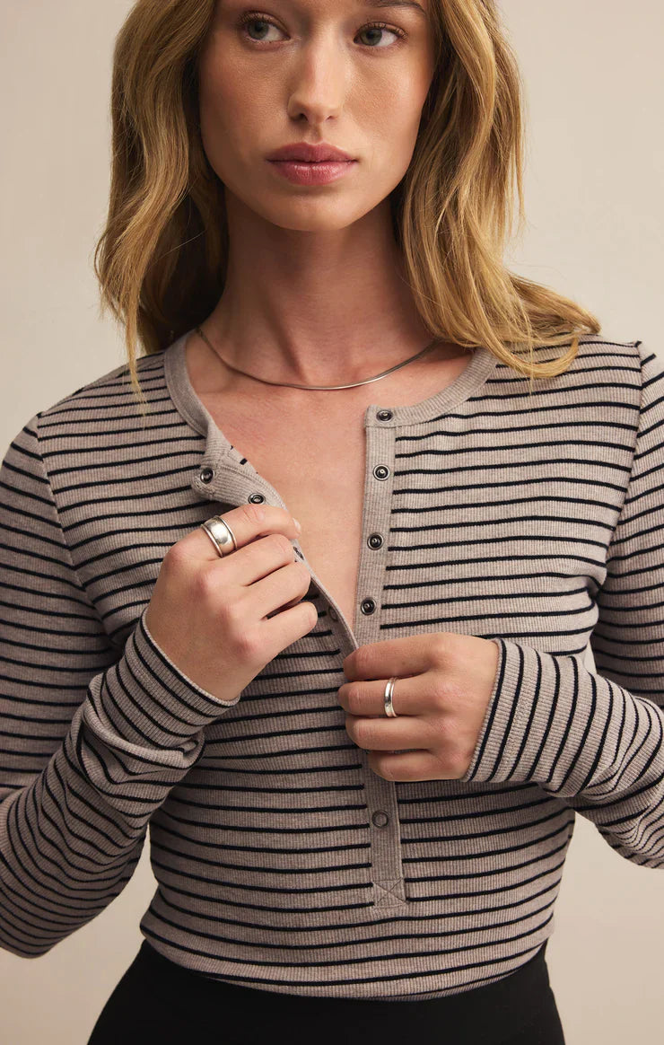 Z Supply Stella Striped Modal Rib Henley in Heather Taupe
