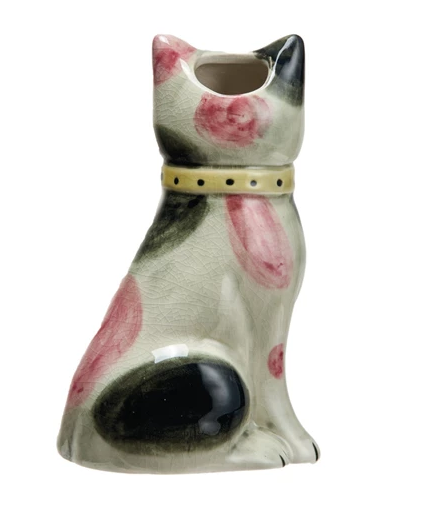 Vase Stoneware Vintage Reproduction Cat White, Pink & Black by Homeportonline