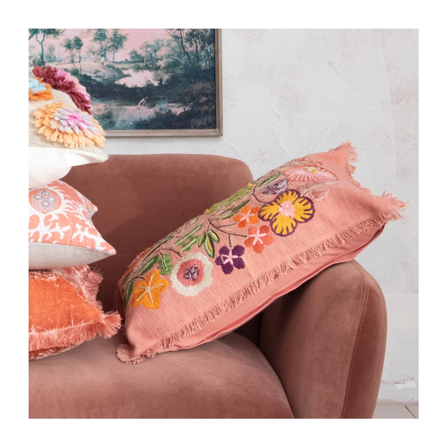 Pillow Lumbar Cotton Embroidered Flowers & Eyelash Fringe 24"L x 16"H by Homeportonline