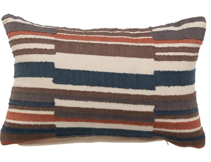 Pillow Lumbar Cotton Embroidered Stripes Orange, Brown & Navy 14" x 19" by Homeportonline