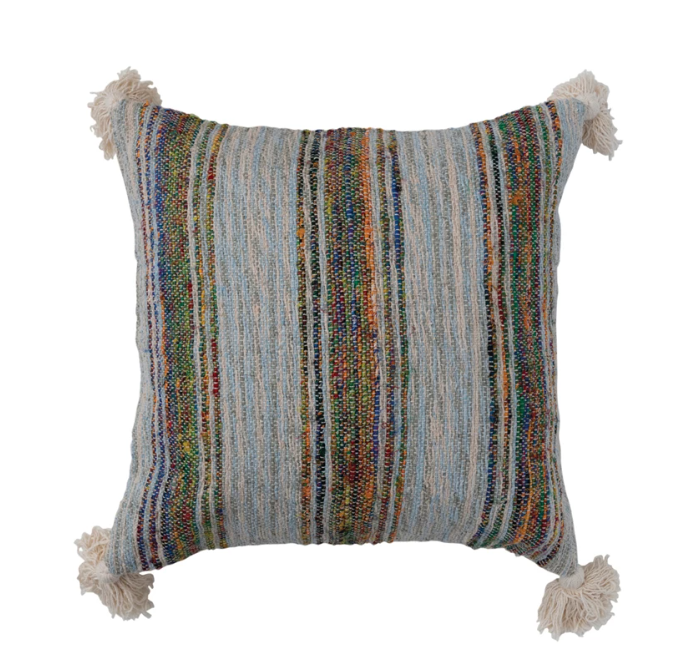 Pillow Hand Woven Cotton Stripe w/Tassels Multicolor 18" Square by Homeportonline