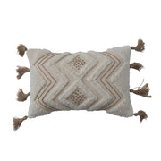 Lumbar Pillow Embroidery & Jute Tassels Tufted Cotton Slub Natural 14" x 9" by Homeportonline