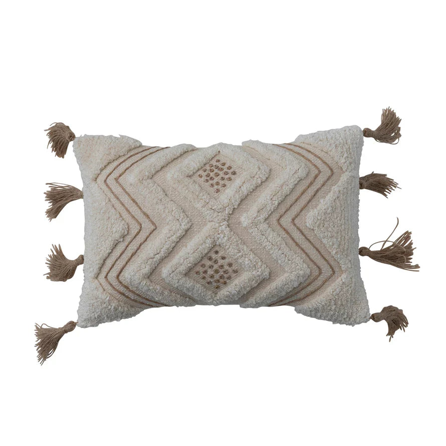 Lumbar Pillow Embroidery & Jute Tassels Tufted Cotton Slub Natural 14" x 9" by Homeportonline