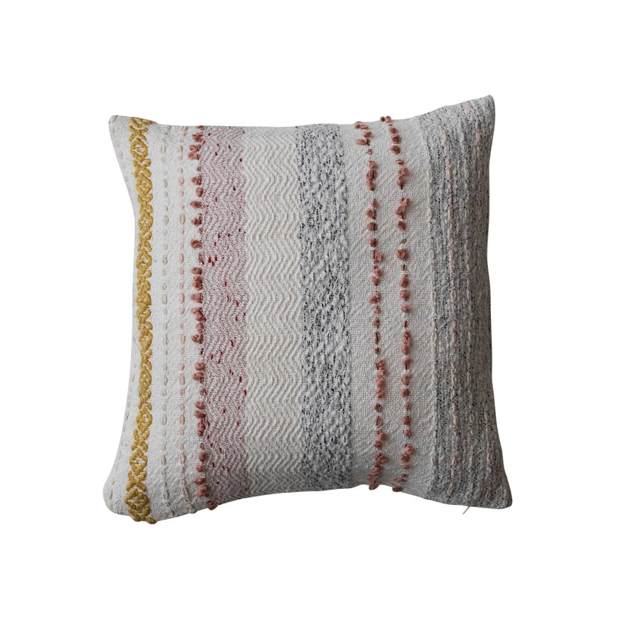 Pillow Woven Cotton w/ Stripes and Embroidery 18" Square by Homeportonline