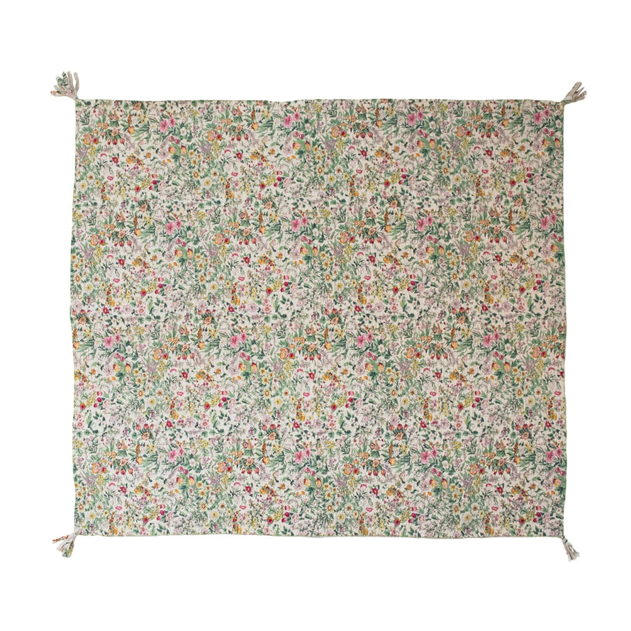 Throw Blanket Quilted Cotton Floral Kantha Stitch w/ Tassels 60 x 50 by Homeportonline