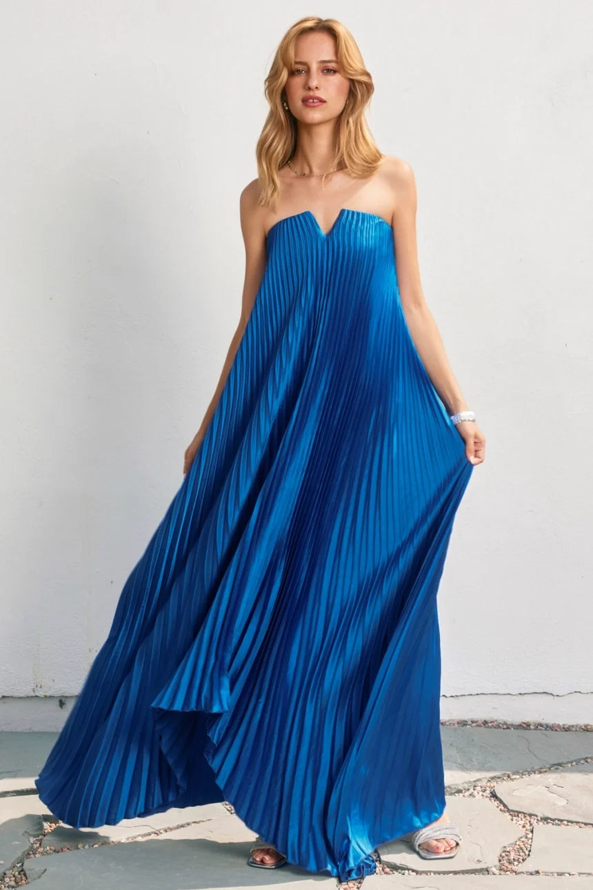 Dress Forum Satin Strapless Pleated Maxi Column Dress