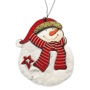 Fuzzy Wooden Snowman Ornament - 4 Inches