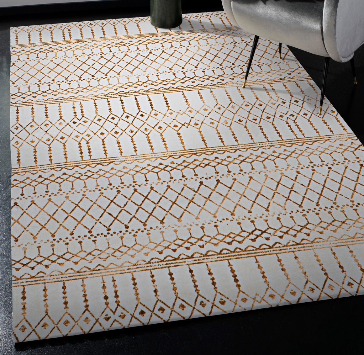 Motif Printed Faux Rabbit Fur Minear Ivory and Gold Rug 5ft x 7ft by Homeportonline