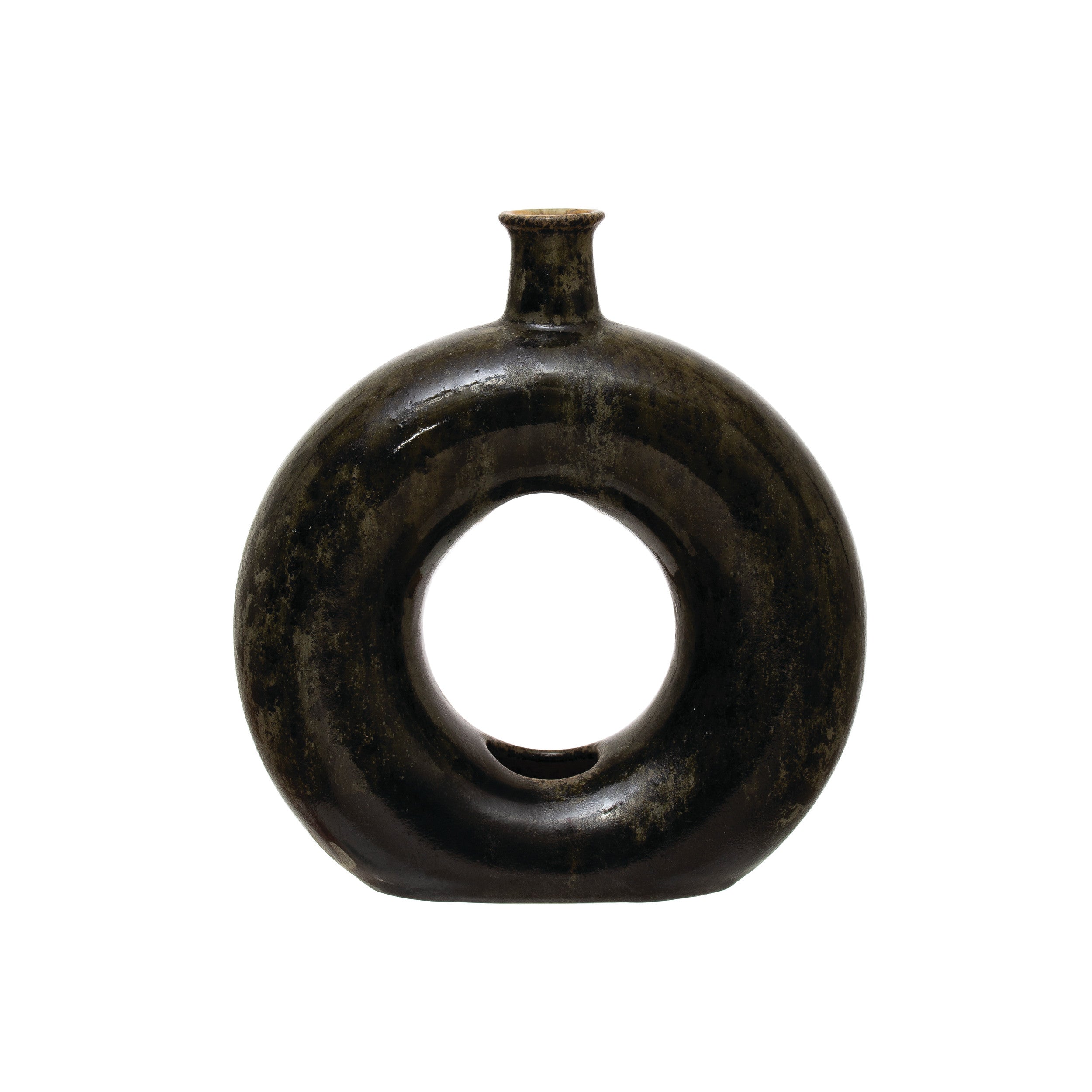 Vase Stoneware Open Circle Olive Green & Black by Homeportonline