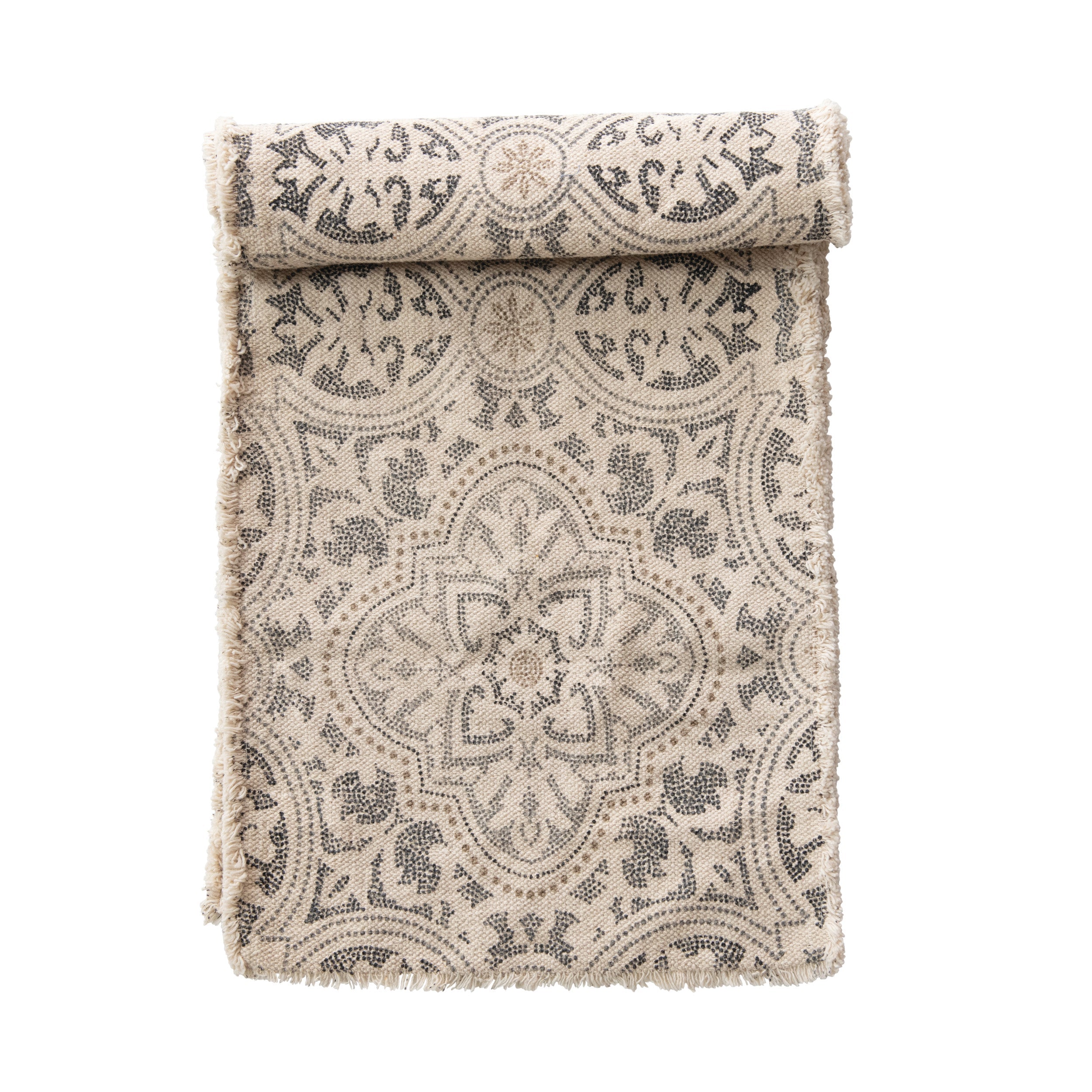 Table Linens- Cotton Printed 72"x14" Runner, Grey/Cream by Homeportonline