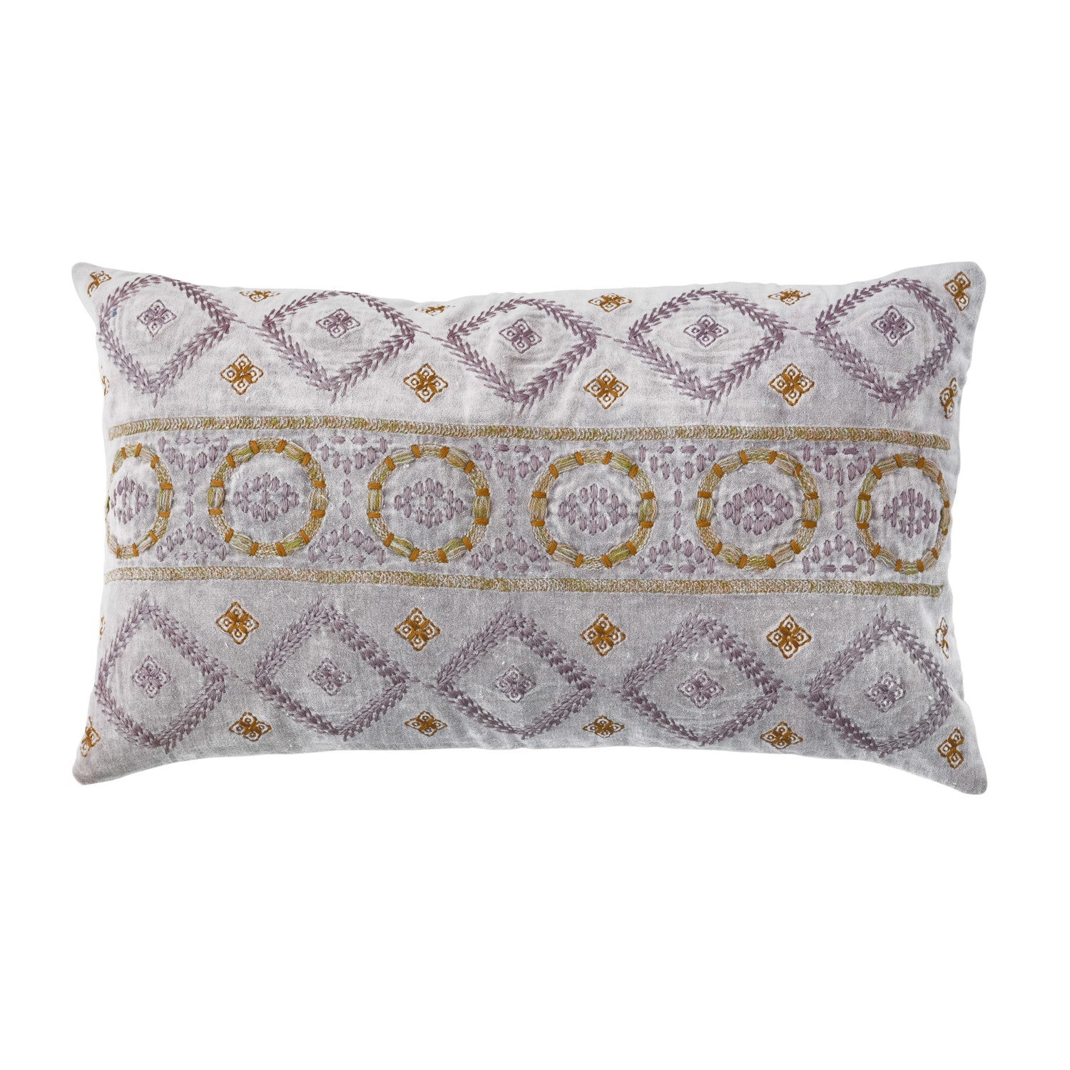 Pillow Lumbar Cotton Velvet Embroidered With Chambray Back Lavender & Gold 24"L x 14"H by Homeportonline