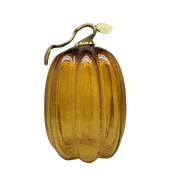 Handblown Glass Amber Pumpkin with Metal Stem - 9 Inch