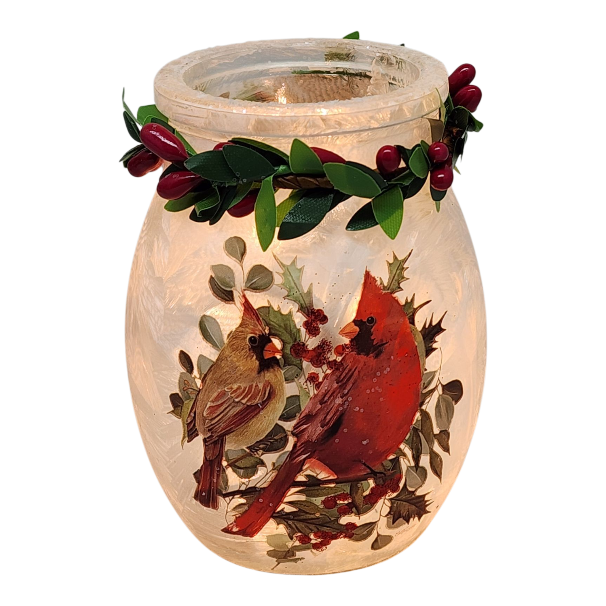 4 inch Lighted Jar with Garland - Two Cardinal Delight